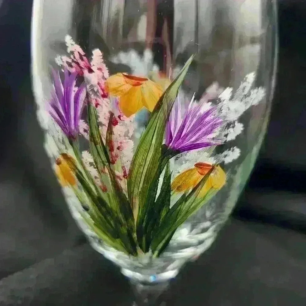 Two Large‎ Stemmed Wine Glasses Hand Painted & Signed Multi-Color Floral Design